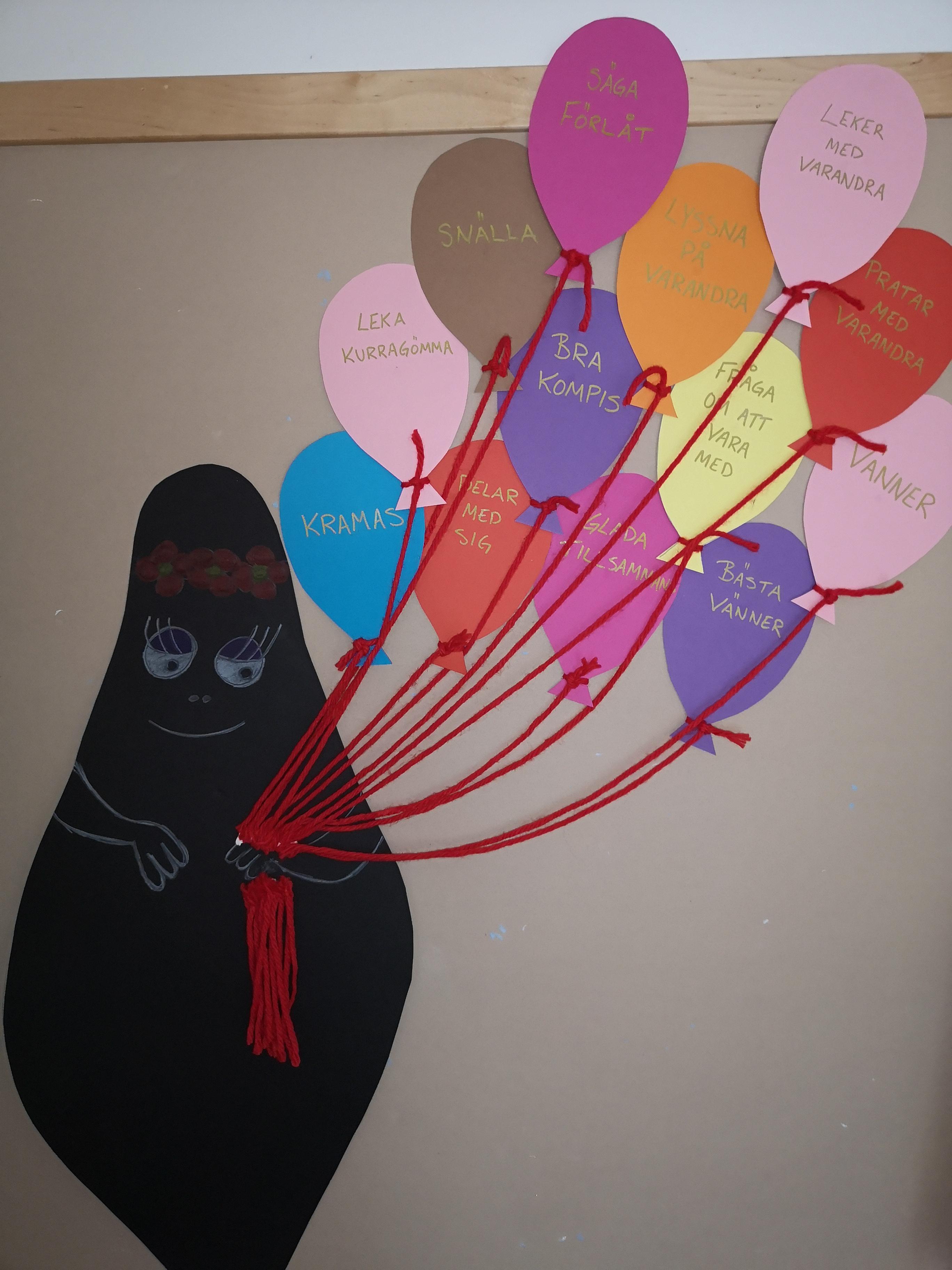 Barbamamma håller i ballonger med ord som beskriver vad barnen tycker är viktigt på förskolan.