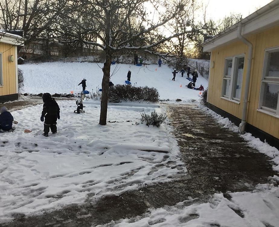 Barnen leker i snön på innergården