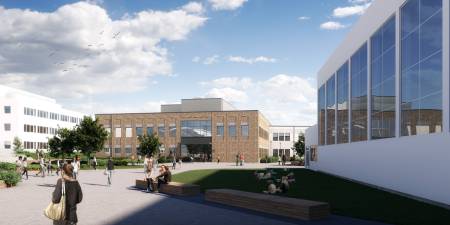 Illustration över nya byggnaden på skolgården